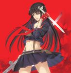  black_hair cosplay dual_wielding highres holding kill_la_kill kiryuuin_satsuki long_hair matoi_ryuuko matoi_ryuuko_(cosplay) miyo_(13th_floor) panties pantyshot school_uniform senketsu serafuku suspenders sword underwear weapon 