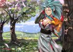  bad_id bad_pixiv_id blue_hair breasts cherry_blossoms cleavage earrings gloves jewelry long_hair medium_breasts one_eye_closed petals pointy_ears rano ryouko_(tenchi_muyou!) solo spiked_hair tenchi_muyou! tree yellow_eyes 