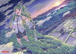  blush cloud detached_sleeves field flying forest frog_hair_ornament green_eyes green_hair hair_ornament kawamura_tenmei kochiya_sanae lake long_hair mountain nature open_mouth rice_paddy scarlet_devil_mansion sky smile snake_hair_ornament solo stairs star sunset torii touhou village 