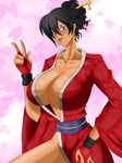 1girl black_hair blue_eyes breasts cherry_blossoms dark_skin highres japanese_clothes kimono large_breasts original red_clothes supernova_(artist) 
