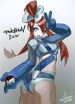  1girl artist_request ass blue_eyes boots breasts fuuro_(pokemon) gym_leader hair_ornament large_breasts long_hair looking_at_viewer looking_back nintendo poke_ball pokeball pokemon pokemon_(game) pokemon_bw pose red_hair smile solo 