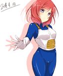  armor bodysuit cosplay dated dragon_ball dragon_ball_z gloves jiino looking_at_viewer love_live! love_live!_school_idol_project nishikino_maki purple_eyes red_hair short_hair solo vegeta vegeta_(cosplay) white_background 