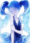  athgil bad_id bad_pixiv_id blue_hair closed_eyes hatsune_miku long_hair skirt solo twintails very_long_hair vocaloid white_background 