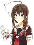  2girls ahoge bad_id bad_pixiv_id banned_artist black_hair blonde_hair blue_eyes braid hair_ornament kantai_collection long_hair looking_at_viewer multiple_girls okia school_uniform serafuku shigure_(kantai_collection) single_braid translated yuudachi_(kantai_collection) 