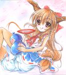  :q bloomers bow brown_eyes brown_hair cherry_blossoms colored_pencil_(medium) cup enjoy_mix gourd hair_bow horn_ribbon horns ibuki_suika long_hair petals ribbon sakazuki solo tongue tongue_out touhou traditional_media underwear very_long_hair 