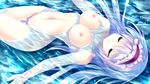  afloat amane_neon areolae breasts closed_eyes collarbone game_cg guardian_place headdress highres hips kobayashi_chisato large_breasts lavender_hair legs long_hair lying navel nipples nude river smile solo swimming water 