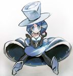  1girl artist_request bare_shoulders battle_chatelaine_(pokemon) blue_eyes blue_hair blush choker dress elbow_gloves gloves hat high_heels lesoir_(pokemon) npc_trainer pantyhose poke_ball pokeball pokemon pokemon_(game) pokemon_xy sitting solo tokiya top_hat 