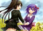  absurdres black_hair black_ribbon black_skirt blue_eyes dress efe eye_contact fate/stay_night fate/zero fate_(series) hair_ribbon highres holding_hands long_hair looking_at_another matou_sakura multiple_girls open_mouth outdoors pleated_skirt purple_dress purple_eyes purple_hair red_ribbon ribbon skirt toosaka_rin twintails 