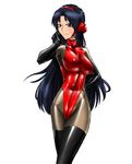  1girl black_hair breasts brown_eyes elbow_gloves erect_nipples female gloves head_band headband latex latex_suit leotard long_hair original pantyhose skin_tight solo thighhighs tmzf 