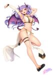  1girl armpits arms_up bangs blush breasts bridal_gauntlets collarbone commentary_request demon_girl demon_horns demon_tail demon_wings fang full_body horns large_breasts leg_up lips looking_at_viewer masami_chie midriff navel open_mouth pelvic_curtain pointy_ears purple_eyes purple_hair shiny shiny_hair shiny_skin shoes signature simple_background smile solo stomach tail thigh_strap thighs virtual_youtuber white_background wings 