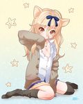  animal_ears arm_support artist_name blonde_hair bow breasts cat_ears cat_tail dress_shirt eso_(eessoo) gradient gradient_background hair_bow jewelry long_sleeves looking_at_viewer loose_thighhigh necklace nipple_slip nipples no_shoes open_clothes open_shirt original paw_pose shirt signature sitting skirt sleeves_past_wrists small_breasts solo star starry_background sweater tail unbuttoned wariza yellow_eyes 