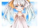  arms_behind_back bare_shoulders blush dress earrings hair_ribbon jewelry long_hair necota116 ribbon silver_eyes sleeveless smile solo tama_(wixoss) twintails white_dress white_hair wixoss 