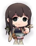  abua akagi_(kantai_collection) bowl chibi eating food food_on_face kantai_collection long_hair muneate rice rice_bowl rice_on_face solo 