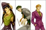  bad_id bad_pixiv_id black_hair blonde_hair formal green_hair headband higashikata_jousuke highres jojo_no_kimyou_na_bouken kilva_lollop kira_yoshikage kishibe_rohan male_focus multiple_boys peace_symbol pompadour suit 