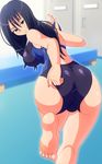  1girl adjusting_clothes adjusting_swimsuit aokura_shou ass barefoot black_eyes black_hair breasts feet female from_behind highres huge_ass large_breasts long_hair looking_back one-piece_swimsuit original pool soles solo standing swimsuit 