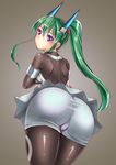  ass bodysuit breasts eburi_a from_behind green_hair headgear huge_ass long_hair looking_at_viewer looking_back medium_breasts menou_kaname original ponytail purple_eyes shorts sideboob skirt solo thick_thighs thighs upskirt wide_hips 