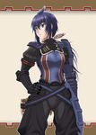  ahoge armor binoculars black_hair blue_eyes breastplate faulds gauntlets hair_ribbon hand_on_hip imca long_hair military military_uniform misnon_the_great ponytail ribbon senjou_no_valkyria senjou_no_valkyria_3 shoulder_armor solo spaulders standing uniform 