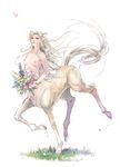  animal_ears blonde_hair blue_eyes bouquet breasts centaur dated flower horse_ears long_hair medium_breasts monster_girl nipples nude original simple_background solo tail white_background zaz 