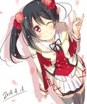  \m/ black_hair blush bow dated hair_bow jiino looking_at_viewer love_live! love_live!_school_idol_project one_eye_closed red_eyes sketch skirt smile solo sore_wa_bokutachi_no_kiseki thighhighs twintails yazawa_nico 