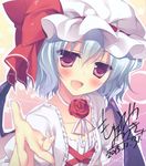  :d artist_name bat_wings blue_hair blush bow dated dress fang flower hat hat_bow highres looking_at_viewer mob_cap motomiya_mitsuki open_mouth outstretched_arm outstretched_hand pink_eyes red_flower red_rose remilia_scarlet ribbon-trimmed_headwear ribbon_trim rose signature smile solo touhou upper_body white_dress wings 
