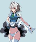  bad_anatomy bad_id bad_pixiv_id bad_proportions braid highres izayoi_sakuya knife koenza_botoke maid maid_headdress navel panties red_eyes short_hair silver_hair simple_background skirt skirt_lift solo thighhighs touhou twin_braids underwear wind wind_lift wrist_cuffs 