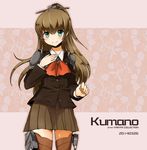  2014 blazer blush brown_hair brown_legwear brown_skirt character_name copyright_name dated green_eyes jacket kantai_collection kumano_(kantai_collection) long_hair pink_background rii_(metro_electro) shoulder_pads skirt smile solo thighhighs zettai_ryouiki 