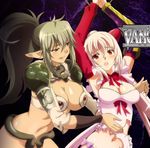  2girls aldora aldra_(queen's_blade) armor blush breasts echidna elf green_hair hobby_japan large_breasts long_hair lost_worlds multiple_girls pointy_ears queen&#039;s_blade queen's_blade queen's_blade_rebellion queen's_blade_vanquished_queens red_eyes smile snake torn_clothes yuri 