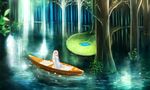  1girl blonde_hair blue_eyes boat dress flower long_hair mari_(marixrian) reflection scenery sitting solo tree water 