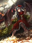  blood bow dress fire hair_bow long_hair looking_at_viewer pixiv_fantasia pixiv_fantasia_fallen_kings red_eyes rikkido silver_hair solo vampire wings wrist_cuffs 