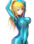  arms_up blonde_hair blue_eyes bodysuit breasts highres hips kukua_(mosushi) large_breasts lips long_hair looking_at_viewer metroid mole mole_under_mouth navel ponytail samus_aran skin_tight solo zero_suit 