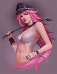  breasts choker cuffs final_fight handcuffs hat large_breasts long_hair peaked_cap phamoz pink_hair poison_(final_fight) riding_crop solo tank_top 
