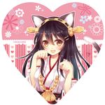  :d animal_ears bare_shoulders black_hair brown_eyes cat_ears cat_tail detached_sleeves english hairband haruna_(kantai_collection) heart japanese_clothes kantai_collection kemonomimi_mode long_hair open_mouth paw_pose sato_ame smile solo tail thighhighs 