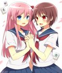  bad_id bad_pixiv_id blue_eyes blue_skirt blush brown_hair haramura_nodoka holding_hands kiyosumi_school_uniform long_hair mahjong mahjong_tile miyanaga_saki multiple_girls neckerchief pink_hair red_eyes red_neckwear saibi saki school_uniform serafuku short_hair short_sleeves skirt yuri 