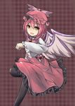  :d bird_wings checkered checkered_background dress frilled_dress frilled_sleeves frills hat highres mystia_lorelei nano_(ex925868312) open_mouth pink_hair short_hair smile thighhighs touhou wings yellow_eyes 