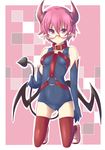  blush breasts demon_tail full_body glasses highres horns kneeling looking_at_viewer one-piece_swimsuit original pink_eyes pink_hair pointy_ears school_swimsuit short_hair small_breasts solo spirytus_tarou swimsuit tail thighhighs 