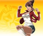  :d asahina_aoi bandaid blue_eyes breasts brown_hair cleavage clenched_hands danganronpa danganronpa_1 dark_skin hair_ornament hairclip hatoko-sama jacket kneehighs medium_breasts open_mouth ponytail shorts smile track_jacket white_legwear 