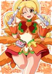  ;d alternate_form aokura_shou blonde_hair brown_eyes choker coconut_samba cure_honey dual_wielding earrings eighth_note green_choker happinesscharge_precure! highres holding jewelry long_hair magical_girl musical_note one_eye_closed oomori_yuuko open_mouth orange_background precure quarter_note samba skirt smile solo staff_(music) standing standing_on_one_leg wand 