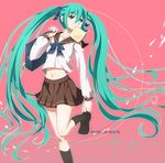  2014 artist_name bag benni dated food food_in_mouth green_eyes green_hair hair_ribbon hatsune_miku highres late_for_school long_hair midriff mouth_hold navel ribbon school_uniform serafuku skirt socks solo toast toast_in_mouth twintails very_long_hair vocaloid 