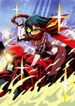  black_hair ground_vehicle jacket katouken_(ktn-works) kill_la_kill matoi_ryuuko midriff motor_vehicle motorcycle pants riding scarf scissor_blade senketsu senketsu_(scarf) short_hair solo sunglasses suspenders track_jacket track_pants track_suit weapon 