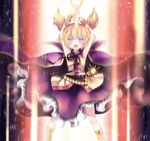  armpits arms_up bad_id bad_pixiv_id belt bracelet cape dress glowing hands_together hopeless_masquerade jewelry lavender_eyes light_brown_hair light_particles light_trail looking_at_viewer mikazuki_sara open_mouth pointy_hair ribbon short_hair sleeveless sleeveless_dress solo sword touhou toyosatomimi_no_miko weapon wind wind_lift 
