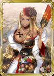  alternate_costume bare_shoulders blonde_hair bodypaint border breasts choker cleavage dark_skin earrings feather_boa flower hair_flower hair_ornament jewelry large_breasts long_hair lowres lydia_agute murakami_yuichi official_art paddle senjou_no_valkyria senjou_no_valkyria_3 solo thighhighs very_long_hair white_legwear 