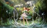  2girls apron barefoot brown_eyes brown_hair creature deer dress fantasy forest holding_hands light_particles long_hair looking_at_another multiple_girls nature nixie_(mythology) original pond scenery short_hair sunlight transparent walking walking_on_liquid water you_shimizu 