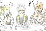  2boys beret blonde_hair cake cassava_(illdaf_sunaryo) closed_eyes corset crossover cup drill_hair drinking food fruit gloves grey_hair hase_ryouji hat kamen_rider kamen_rider_gaim_(series) kamen_rider_ryuki_(series) kamen_rider_scissors magical_girl mahou_shoujo_madoka_magica multiple_boys open_mouth sketch spot_color strawberry table teacup teapot tomoe_mami twin_drills white_background 