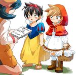  2boys bad_id bad_pixiv_id carrying child cosplay crossdressing crystal_(pokemon) height_difference little_red_riding_hood little_red_riding_hood_(grimm) little_red_riding_hood_(grimm)_(cosplay) multiple_boys noaki ookido_green pokemon pokemon_special red_(pokemon) snow_white snow_white_and_the_seven_dwarfs 