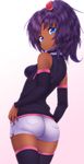  ass bare_shoulders black_legwear blue_eyes breasts dark_skin detached_sleeves gundam hair_bobbles hair_ornament looking_back purple_hair rachel_ransom sd_gundam_g-generation short_hair short_shorts shorts side_ponytail simple_background small_breasts solo thighhighs white_background zizi_(zz22) 