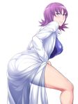  ass black_beat breasts highres labcoat large_breasts looking_at_viewer pokemon pokemon_(anime) purple_eyes short_hair simple_background smile solo swimsuit thighs uchikido_(pokemon) white_background 