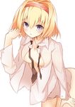  alice_margatroid blonde_hair blue_eyes blush breasts chiruru96 dress_shirt hairband long_sleeves looking_at_viewer medium_breasts necktie open_clothes open_shirt parted_lips shirt short_hair simple_background solo touhou white_background white_shirt 