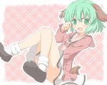  animal_ears bare_legs blush fang green_eyes green_hair kasodani_kyouko looking_at_viewer open_mouth shino_megumi short_hair skirt smile solo tail touhou 