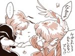  2girls animal_ears antennae bird_wings cape comic feathers flying_sweatdrops head_wings headwear_removed mitsumoto_jouji monochrome multiple_girls mystia_lorelei okamisty open_mouth short_hair sweat touhou translated wings wriggle_nightbug 