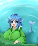  blue_eyes blue_hair breasts highres huge_breasts hydrant_(kasozama) mermaid monster_girl obi sash solo touhou wakasagihime water 